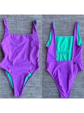 Jolyn Active Swimwear Purple One-Piece Swimsuit with Teal Lining size Small